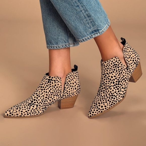 LULUS Marca Vegan Tan and Black Cheetah Print Cutout Slip On Ankle Booties - Picture 1 of 7